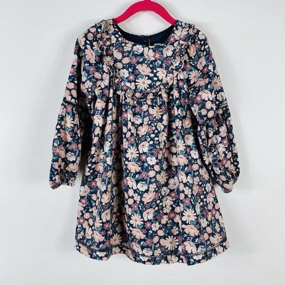 Joie Size 5T Floral Print Ruffle Detail Dress Navy Blue Pink Cotton Blend - Picture 1 of 4